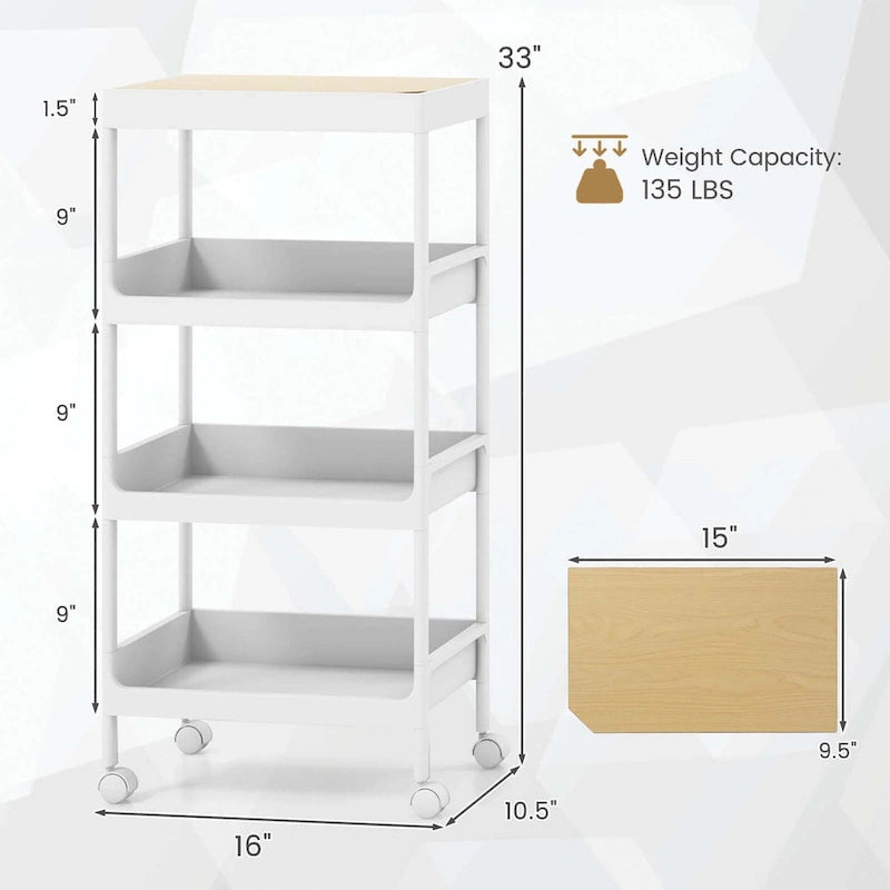 Chariot de rangement roulant à 4 niveaux, blanc et naturel, lot de 2