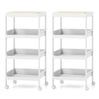 Chariot de rangement roulant à 4 niveaux, blanc et naturel, lot de 2