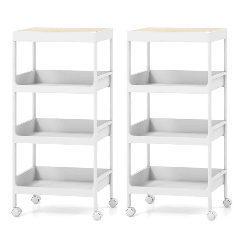 Chariot de rangement roulant à 4 niveaux, blanc et naturel, lot de 2