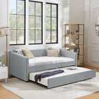 Lit de repos double en lin gris avec lit gigogne, rayures verticales, 2 couchages