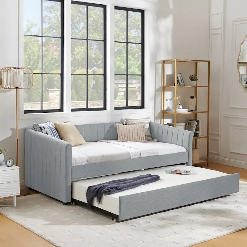 Lit de repos double en lin gris avec lit gigogne, rayures verticales, 2 couchages