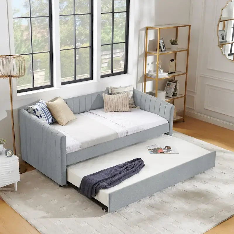 Lit de repos double en lin gris avec lit gigogne, rayures verticales, 2 couchages