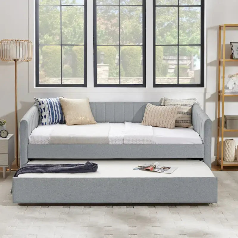 Lit de repos double en lin gris avec lit gigogne, rayures verticales, 2 couchages