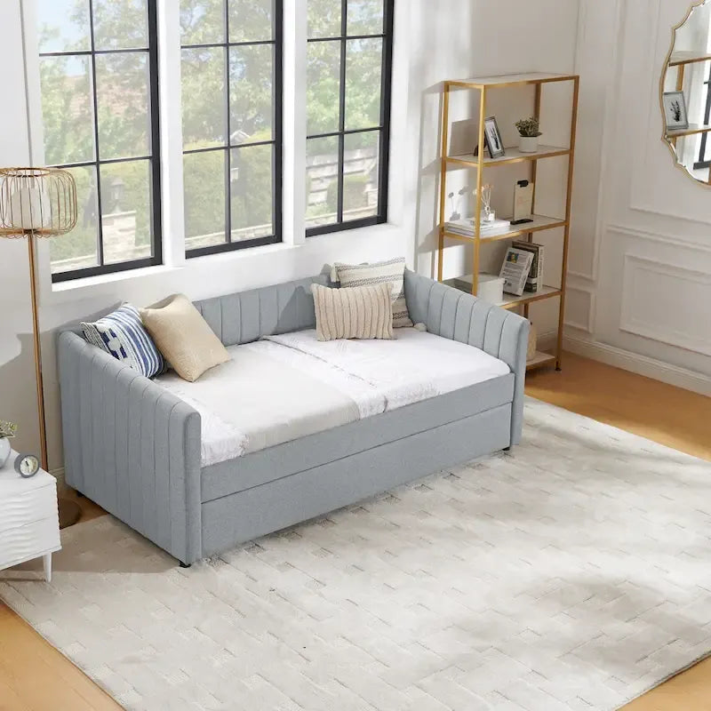 Lit de repos double en lin gris avec lit gigogne, rayures verticales, 2 couchages