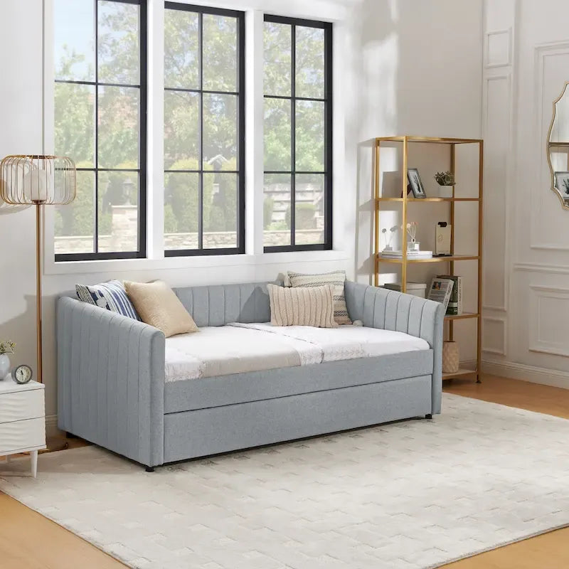 Lit de repos double en lin gris avec lit gigogne, rayures verticales, 2 couchages