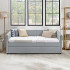 Lit de repos double en lin gris avec lit gigogne, rayures verticales, 2 couchages
