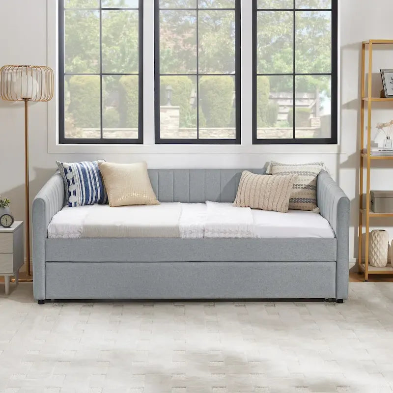 Lit de repos double en lin gris avec lit gigogne, rayures verticales, 2 couchages