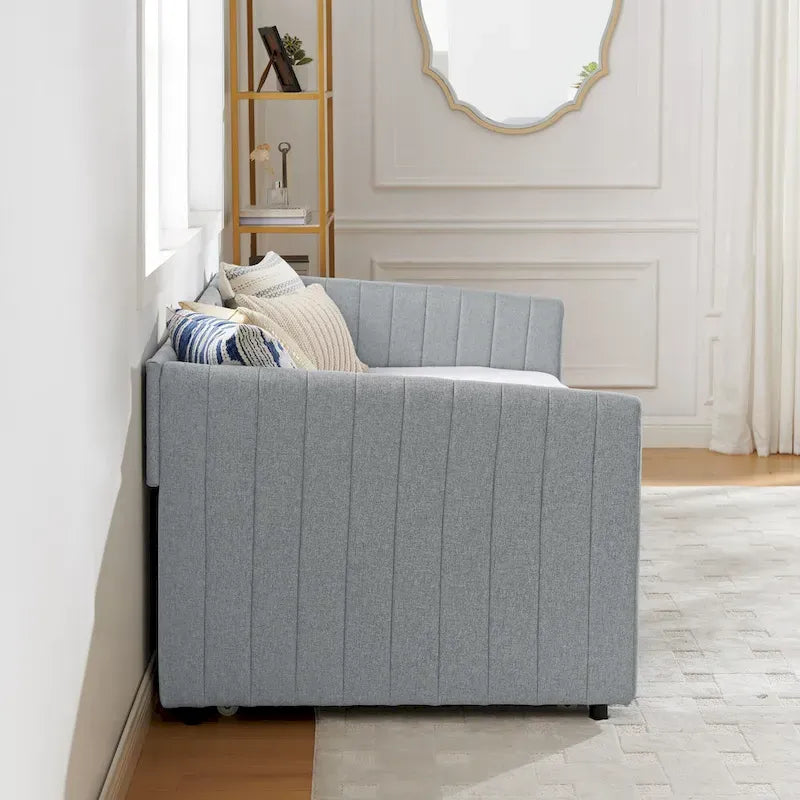 Lit de repos double en lin gris avec lit gigogne, rayures verticales, 2 couchages