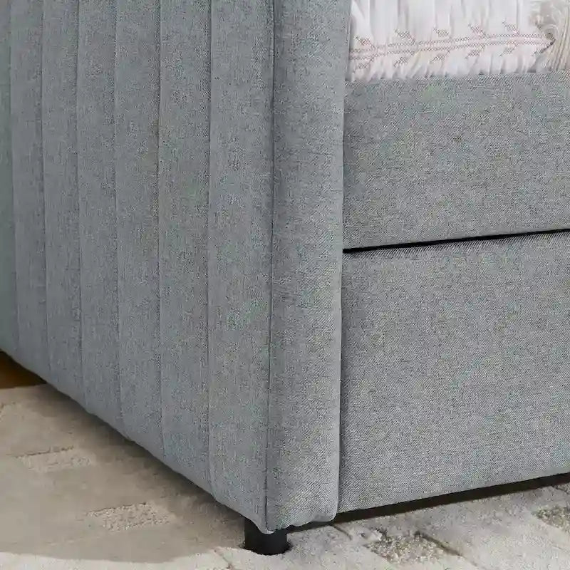 Lit de repos double en lin gris avec lit gigogne, rayures verticales, 2 couchages