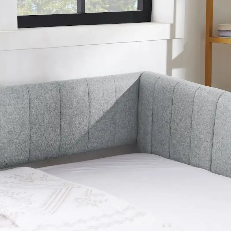 Lit de repos double en lin gris avec lit gigogne, rayures verticales, 2 couchages