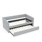 Lit de repos double en lin gris avec lit gigogne, rayures verticales, 2 couchages