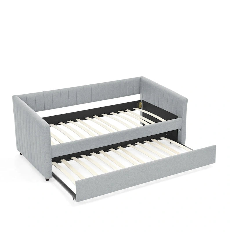 Lit de repos double en lin gris avec lit gigogne, rayures verticales, 2 couchages