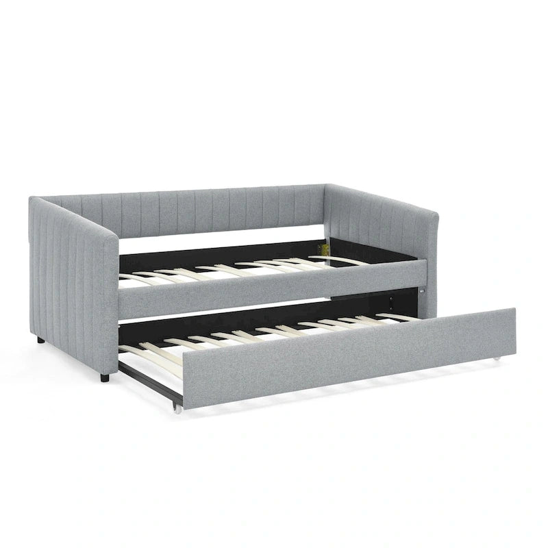 Lit de repos double en lin gris avec lit gigogne, rayures verticales, 2 couchages