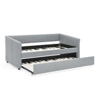 Lit de repos double en lin gris avec lit gigogne, rayures verticales, 2 couchages