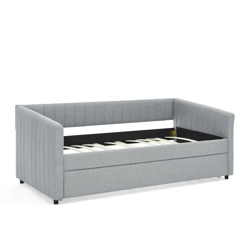 Lit de repos double en lin gris avec lit gigogne, rayures verticales, 2 couchages