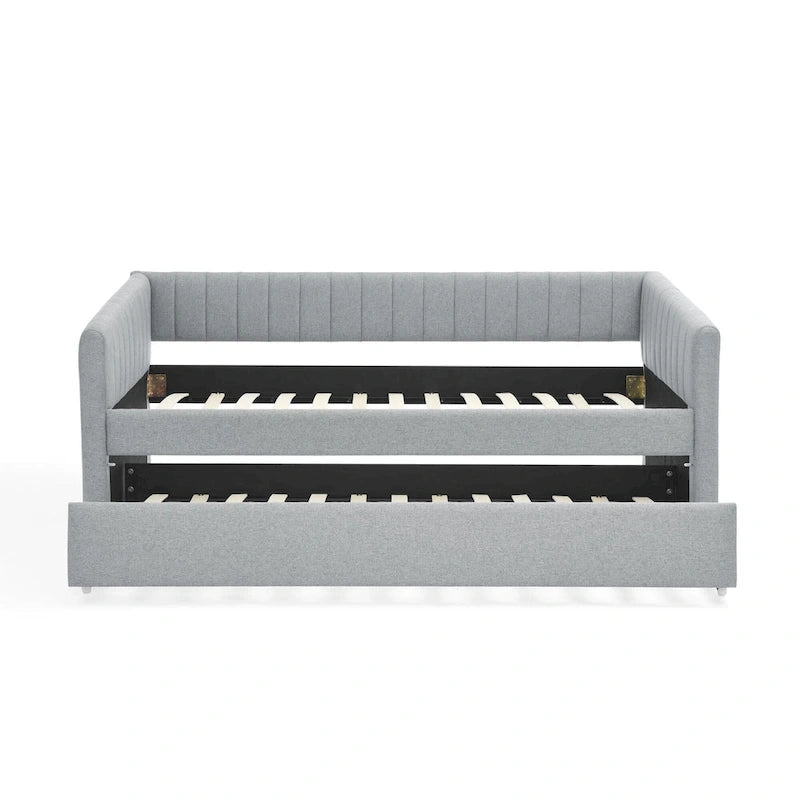 Lit de repos double en lin gris avec lit gigogne, rayures verticales, 2 couchages