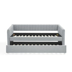 Lit de repos double en lin gris avec lit gigogne, rayures verticales, 2 couchages