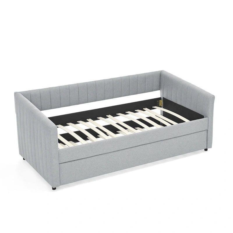 Lit de repos double en lin gris avec lit gigogne, rayures verticales, 2 couchages