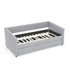 Lit de repos double en lin gris avec lit gigogne, rayures verticales, 2 couchages