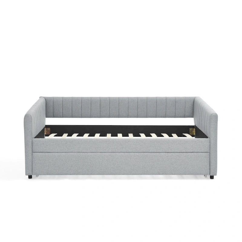 Lit de repos double en lin gris avec lit gigogne, rayures verticales, 2 couchages