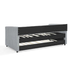 Lit de repos double en lin gris avec lit gigogne, rayures verticales, 2 couchages