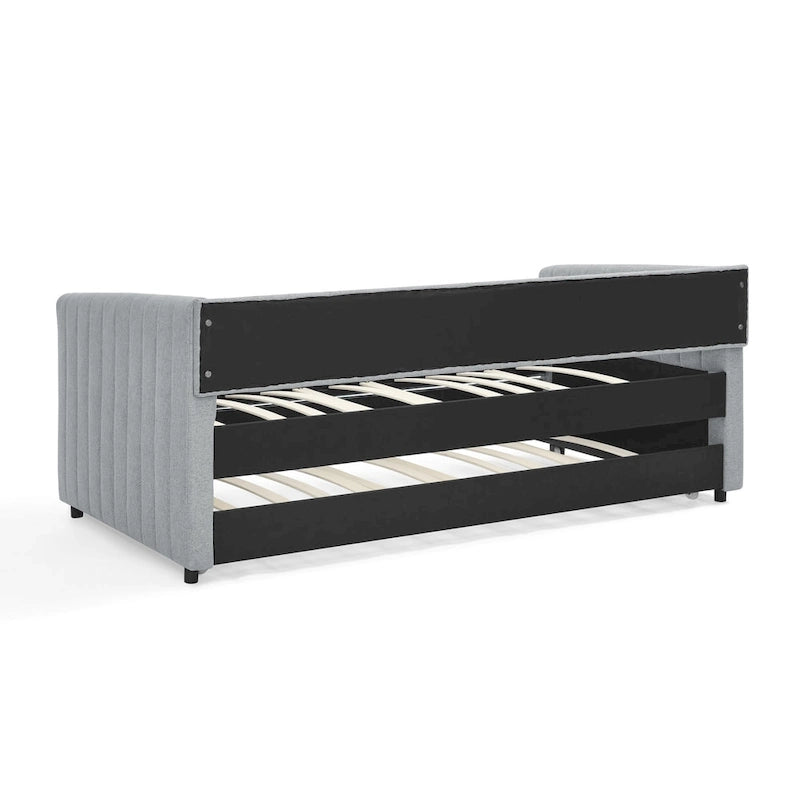 Lit de repos double en lin gris avec lit gigogne, rayures verticales, 2 couchages
