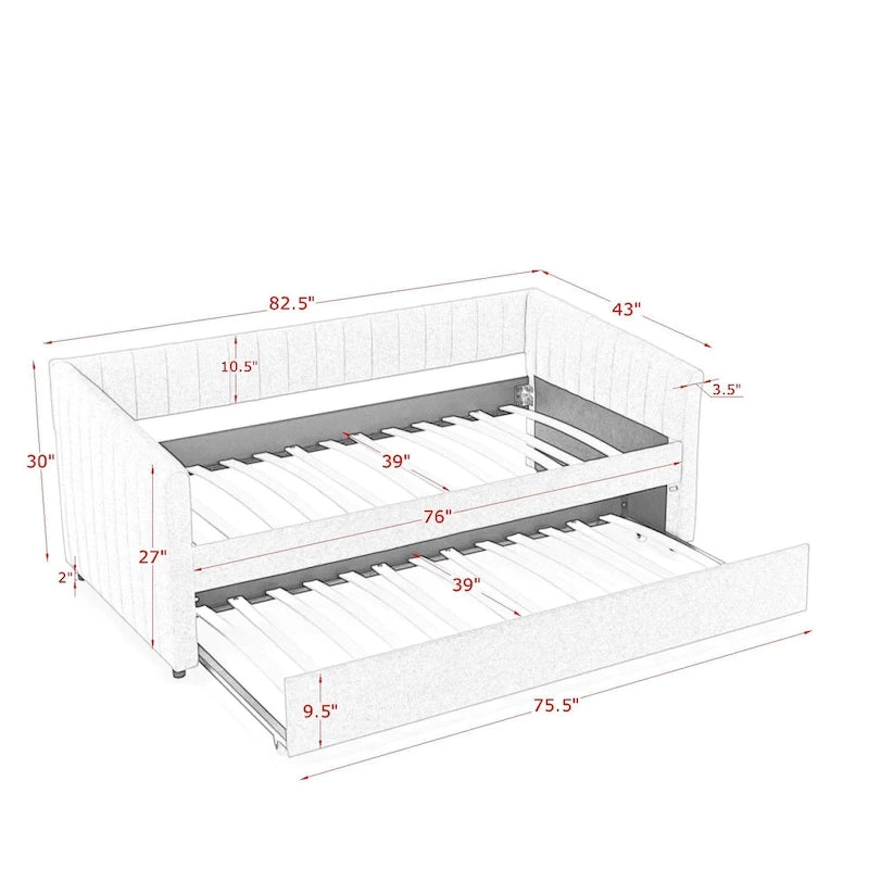 Lit de repos double en lin gris avec lit gigogne, rayures verticales, 2 couchages