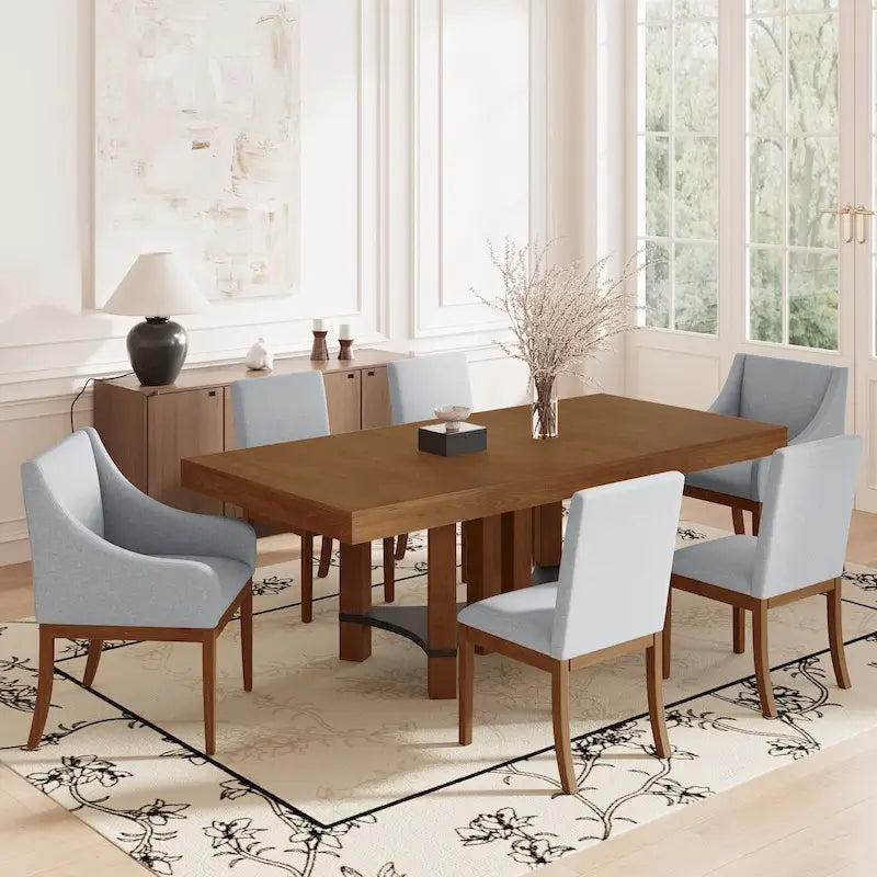 Ensemble de salle à manger extensible rustique marron/naturel, 7 pièces, 6 places
