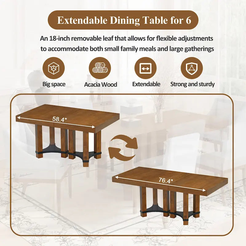 Ensemble de salle à manger extensible rustique marron/naturel, 7 pièces, 6 places