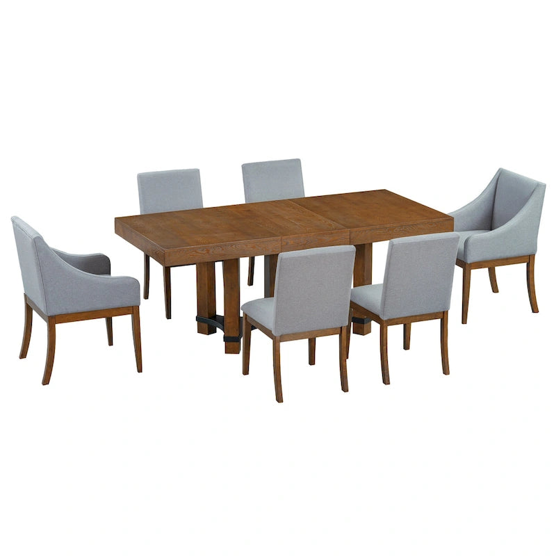Ensemble de salle à manger extensible rustique marron/naturel, 7 pièces, 6 places