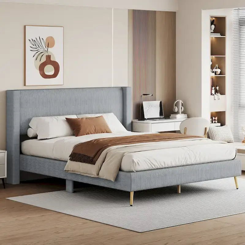 Lit plateforme Queen en velours côtelé gris / rose / beige avec tête de lit capitonnée – Assemblage à 2 personnes