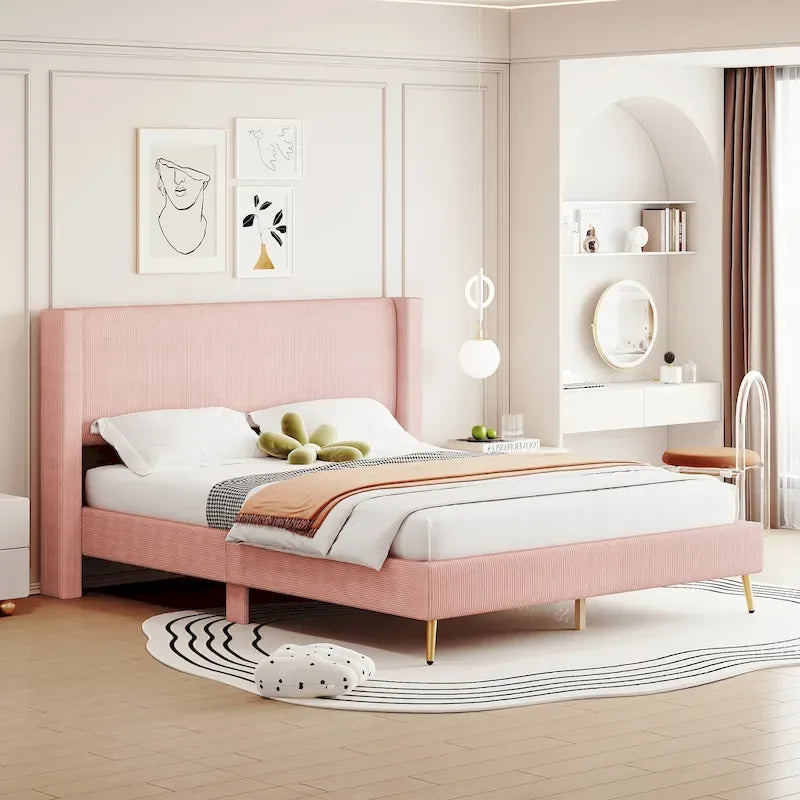 Lit plateforme Queen en velours côtelé gris / rose / beige avec tête de lit capitonnée – Assemblage à 2 personnes
