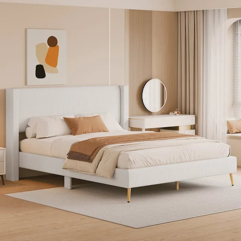 Lit plateforme Queen en velours côtelé gris / rose / beige avec tête de lit capitonnée – Assemblage à 2 personnes