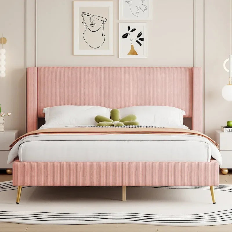 Lit plateforme Queen en velours côtelé gris / rose / beige avec tête de lit capitonnée – Assemblage à 2 personnes
