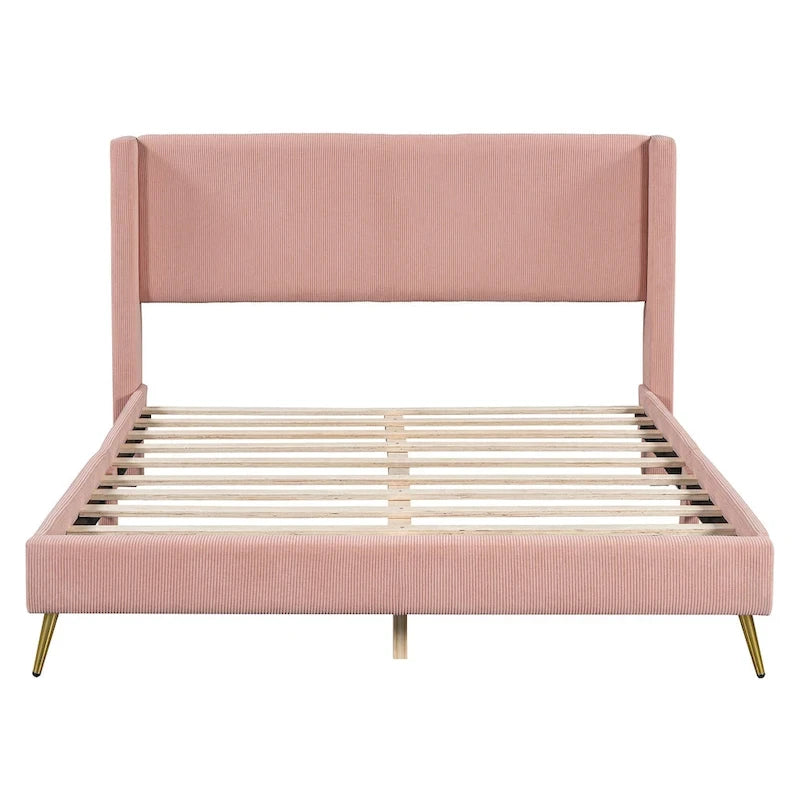 Lit plateforme Queen en velours côtelé gris / rose / beige avec tête de lit capitonnée – Assemblage à 2 personnes