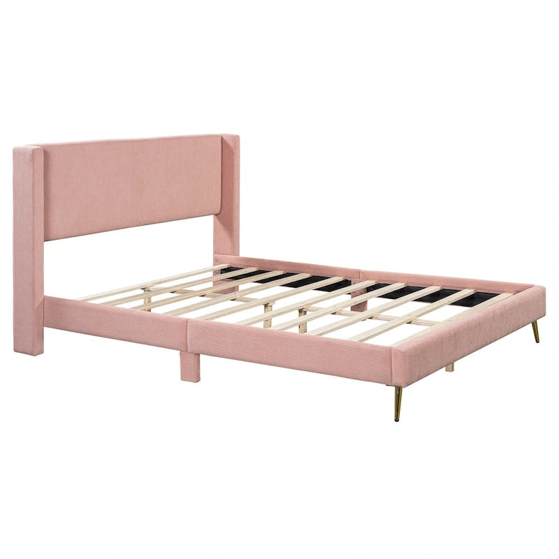 Lit plateforme Queen en velours côtelé gris / rose / beige avec tête de lit capitonnée – Assemblage à 2 personnes