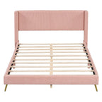 Lit plateforme Queen en velours côtelé gris / rose / beige avec tête de lit capitonnée – Assemblage à 2 personnes