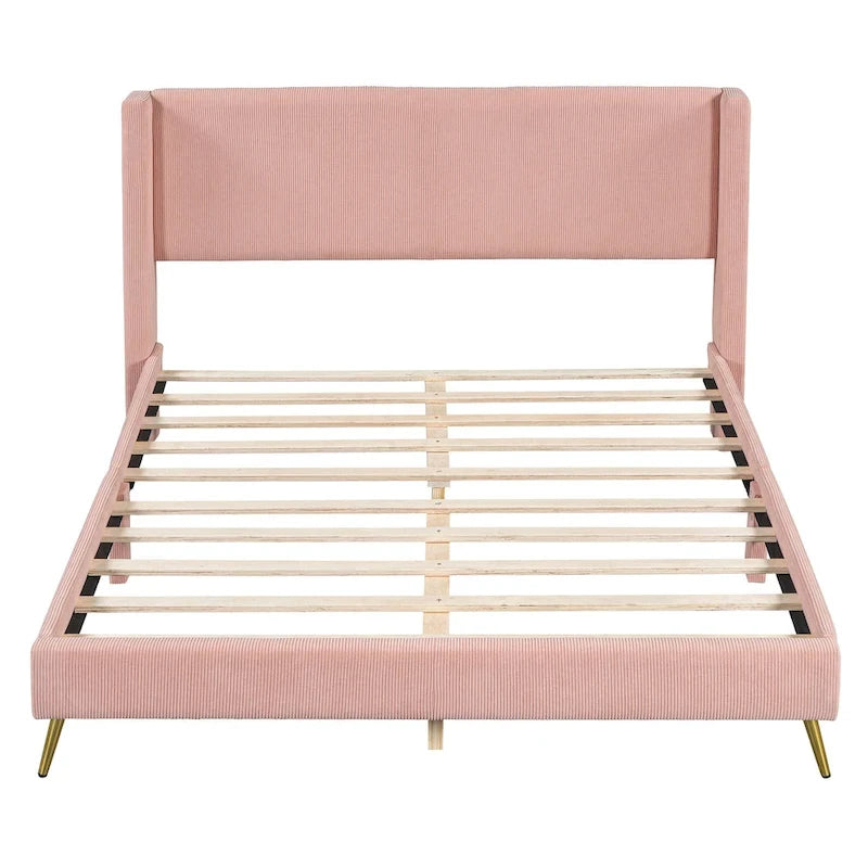 Lit plateforme Queen en velours côtelé gris / rose / beige avec tête de lit capitonnée – Assemblage à 2 personnes