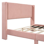Lit plateforme Queen en velours côtelé gris / rose / beige avec tête de lit capitonnée – Assemblage à 2 personnes
