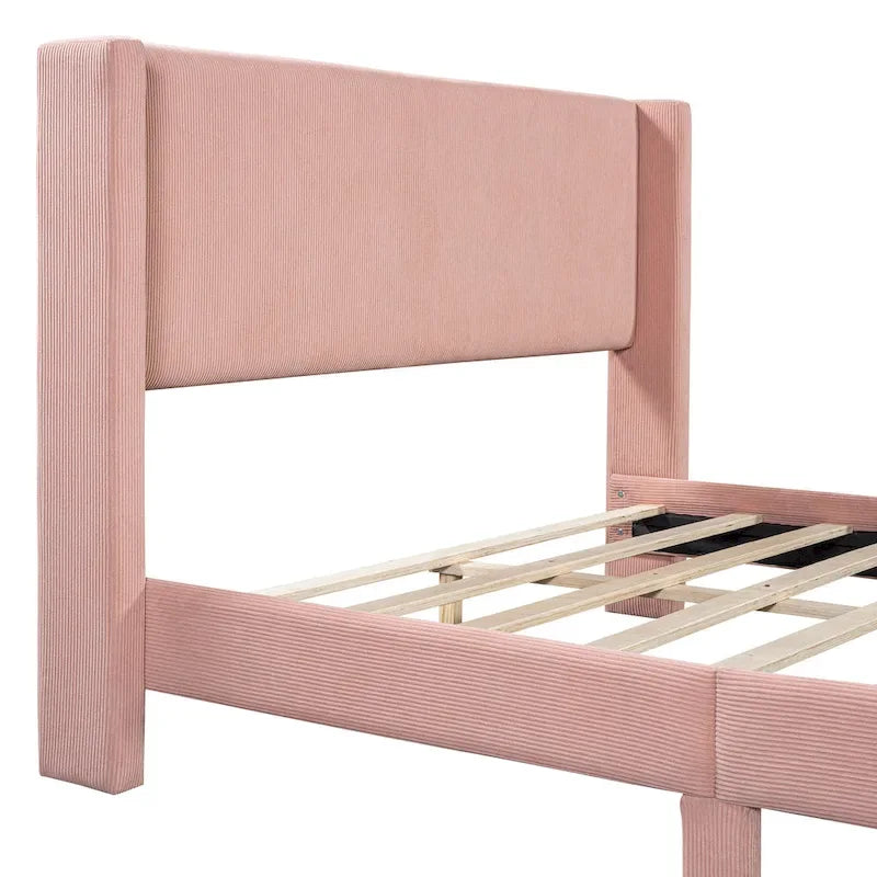 Lit plateforme Queen en velours côtelé gris / rose / beige avec tête de lit capitonnée – Assemblage à 2 personnes