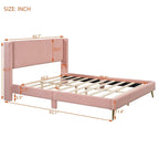 Lit plateforme Queen en velours côtelé gris / rose / beige avec tête de lit capitonnée – Assemblage à 2 personnes