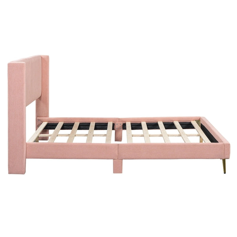 Lit plateforme Queen en velours côtelé gris / rose / beige avec tête de lit capitonnée – Assemblage à 2 personnes