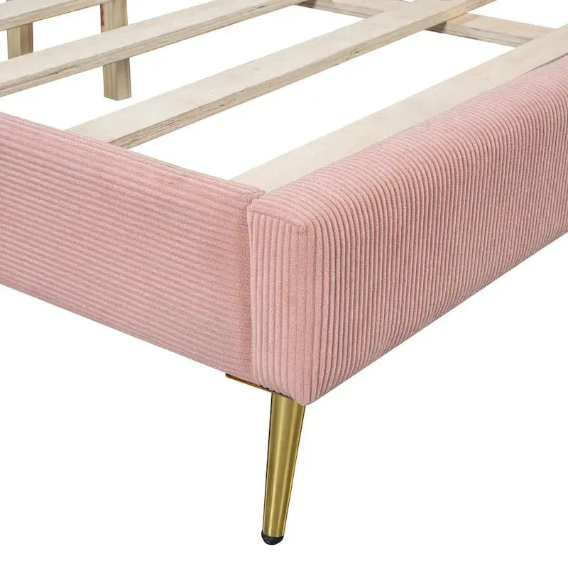 Lit plateforme Queen en velours côtelé gris / rose / beige avec tête de lit capitonnée – Assemblage à 2 personnes