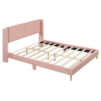 Lit plateforme Queen en velours côtelé gris / rose / beige avec tête de lit capitonnée – Assemblage à 2 personnes