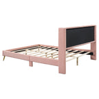 Lit plateforme Queen en velours côtelé gris / rose / beige avec tête de lit capitonnée – Assemblage à 2 personnes