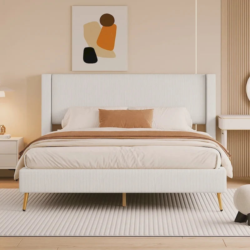 Lit plateforme Queen en velours côtelé gris / rose / beige avec tête de lit capitonnée – Assemblage à 2 personnes