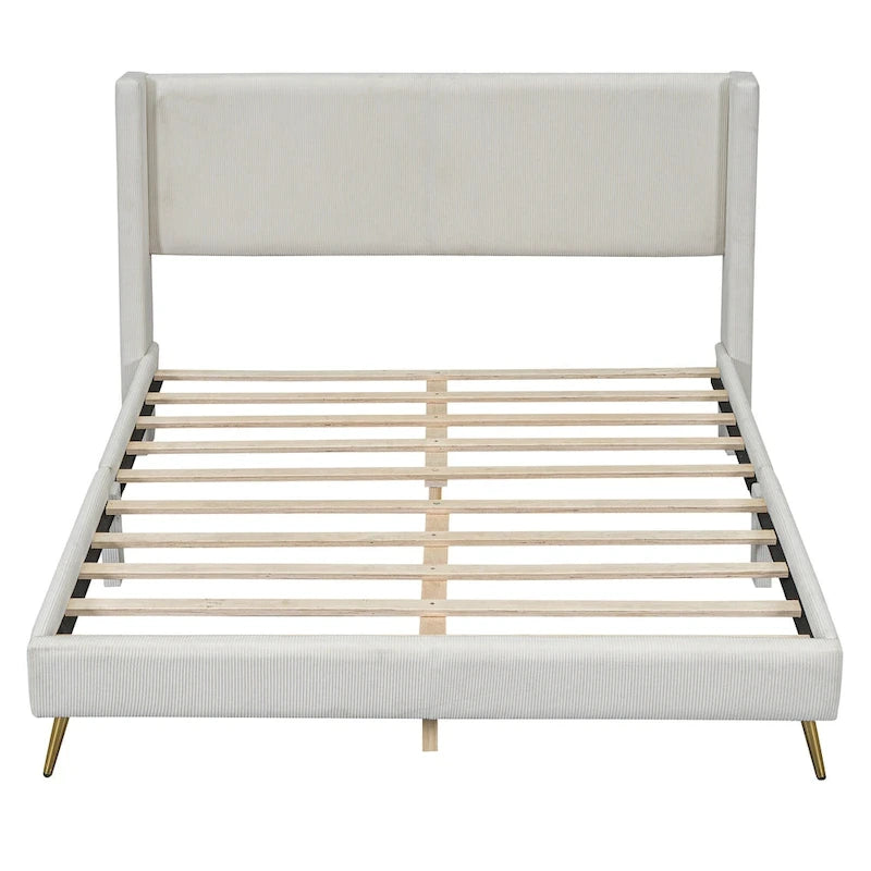 Lit plateforme Queen en velours côtelé gris / rose / beige avec tête de lit capitonnée – Assemblage à 2 personnes