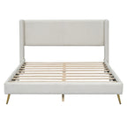 Lit plateforme Queen en velours côtelé gris / rose / beige avec tête de lit capitonnée – Assemblage à 2 personnes