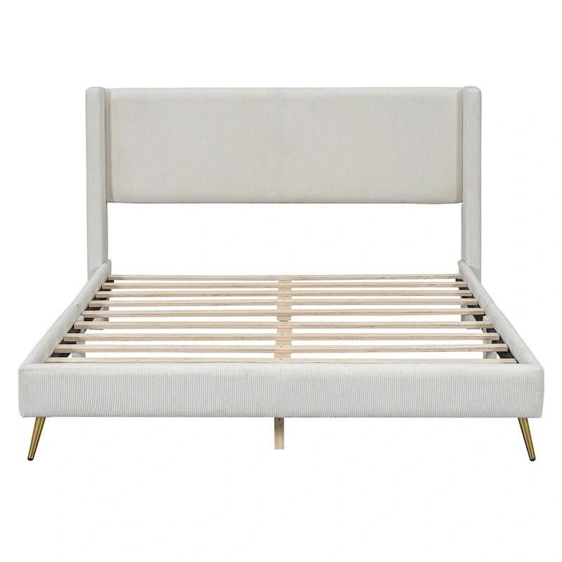Lit plateforme Queen en velours côtelé gris / rose / beige avec tête de lit capitonnée – Assemblage à 2 personnes