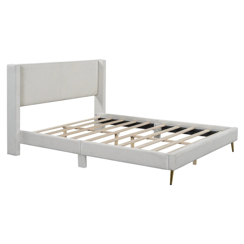 Lit plateforme Queen en velours côtelé gris / rose / beige avec tête de lit capitonnée – Assemblage à 2 personnes